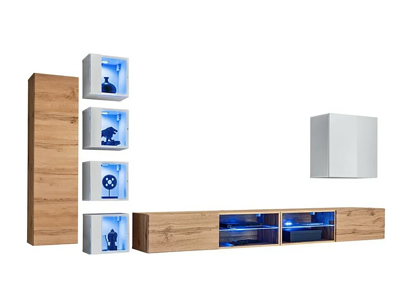 Möbelset Wohnzimmer SWITCH XXVI – Eiche und Weiß – integrierte LED & Push-to-Open-System