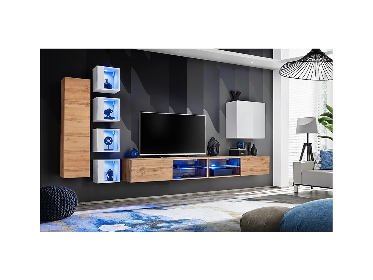 Conjunto de muebles de salón SWITCH XXVI – Roble y blanco – LED integrados & sistema Push to Open