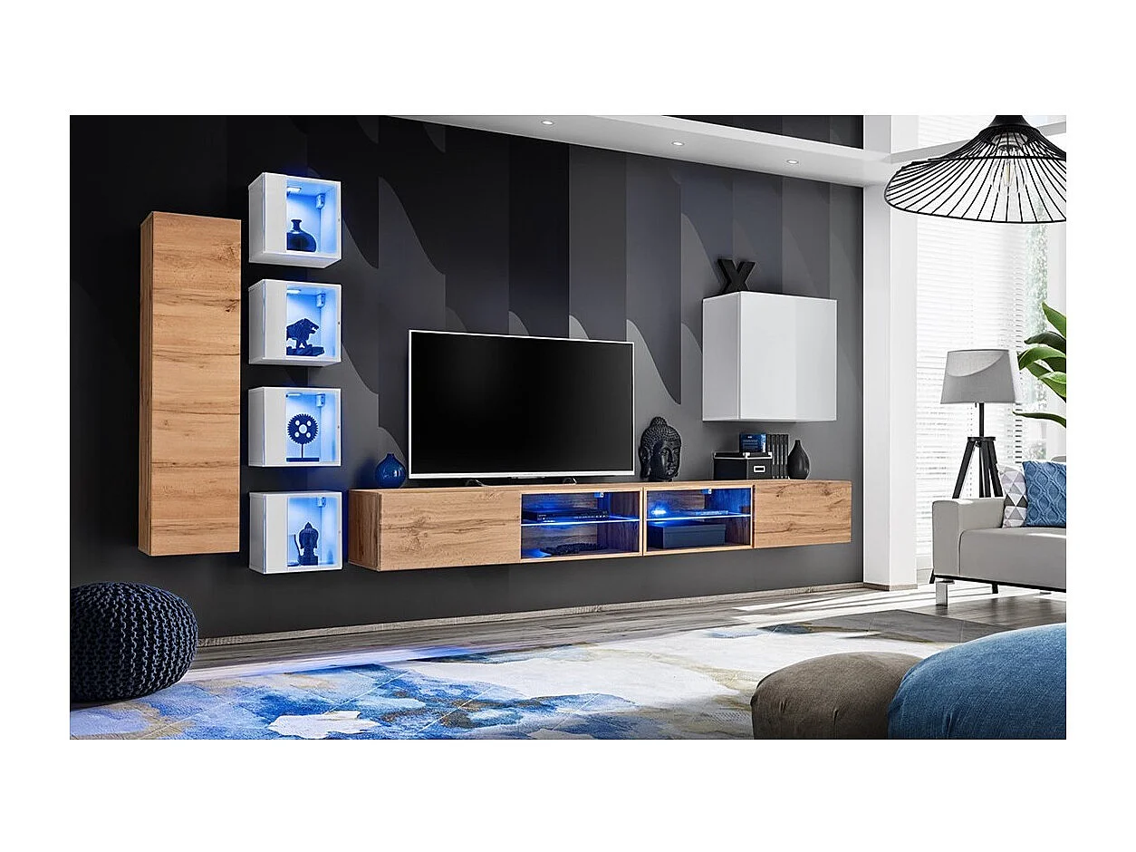 Conjunto de muebles de salón SWITCH XXVI – Roble y blanco – LED integrados & sistema Push to Open