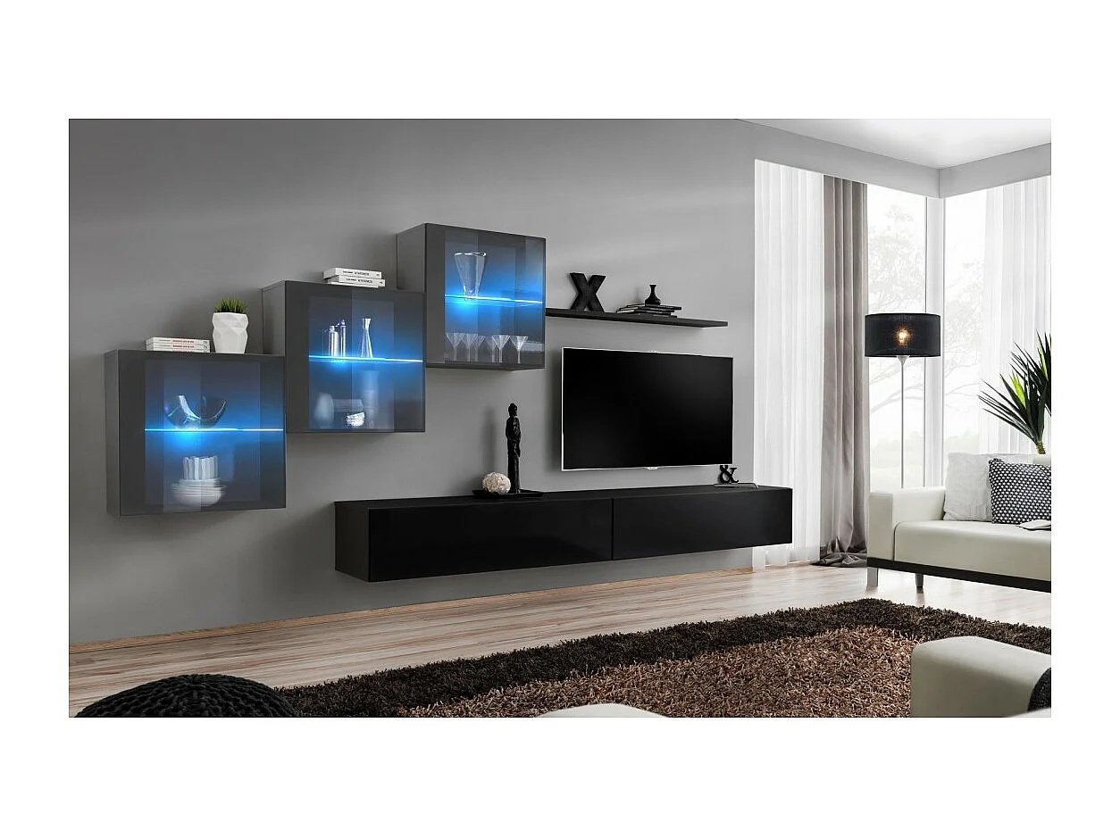 Woonkamerset SWITCH XX design, in glanzend zwart en grijs.