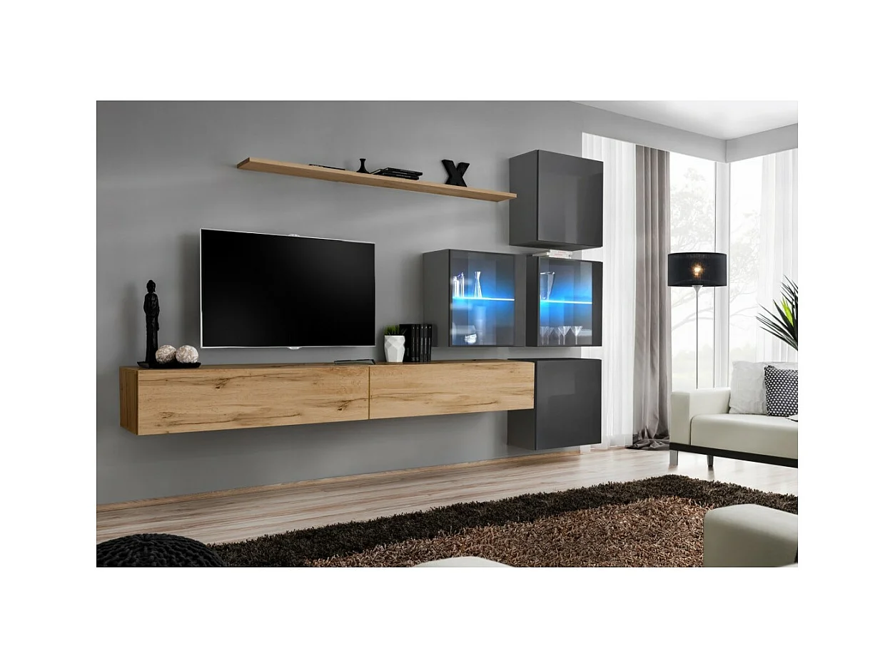 Wohnzimmermöbel-Set SWITCH XIX im Design, Farbe Wotan-Eiche und glänzend Grau.