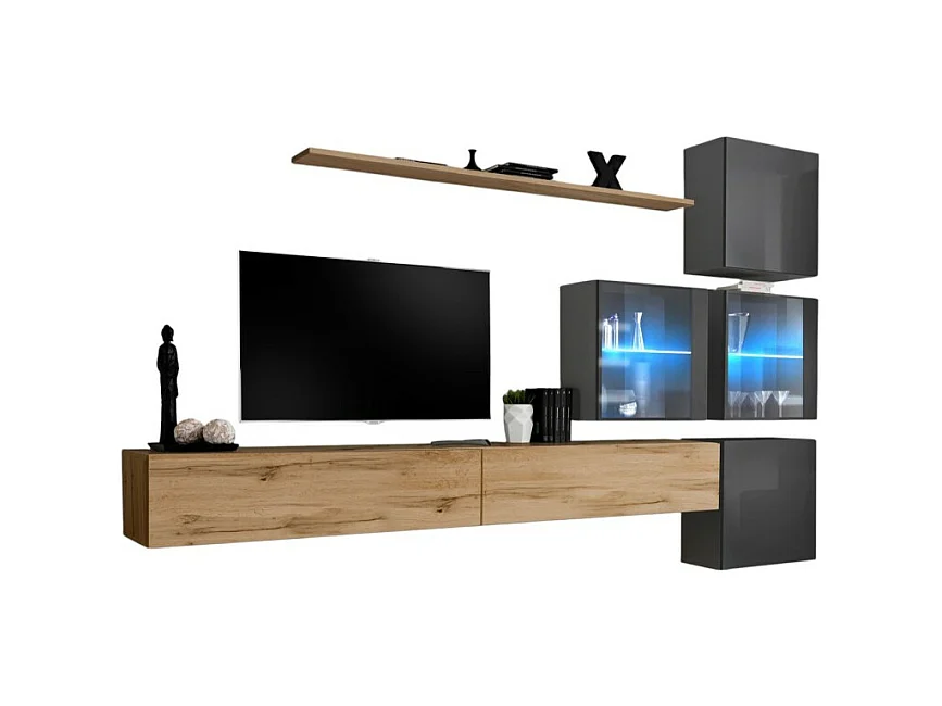 Ensemble meubles de salon SWITCH XIX design, coloris chêne Wotan et gris brillant.