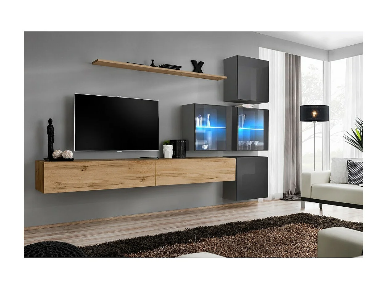 Wohnzimmermöbel-Set SWITCH XIX im Design, Farbe Wotan-Eiche und glänzend Grau.