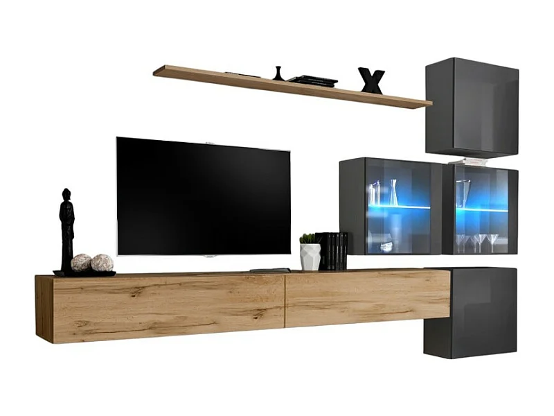 Set di mobili da soggiorno SWITCH XIX design, colore quercia Wotan e grigio lucido.