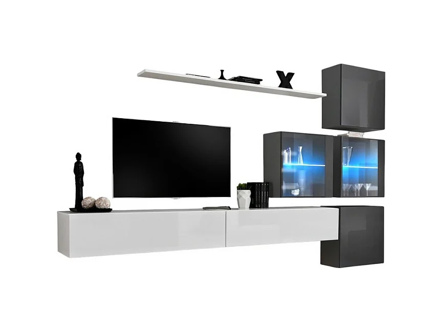 Woonkamermeubelset SWITCH XIX design, in glanzend wit en grijs.