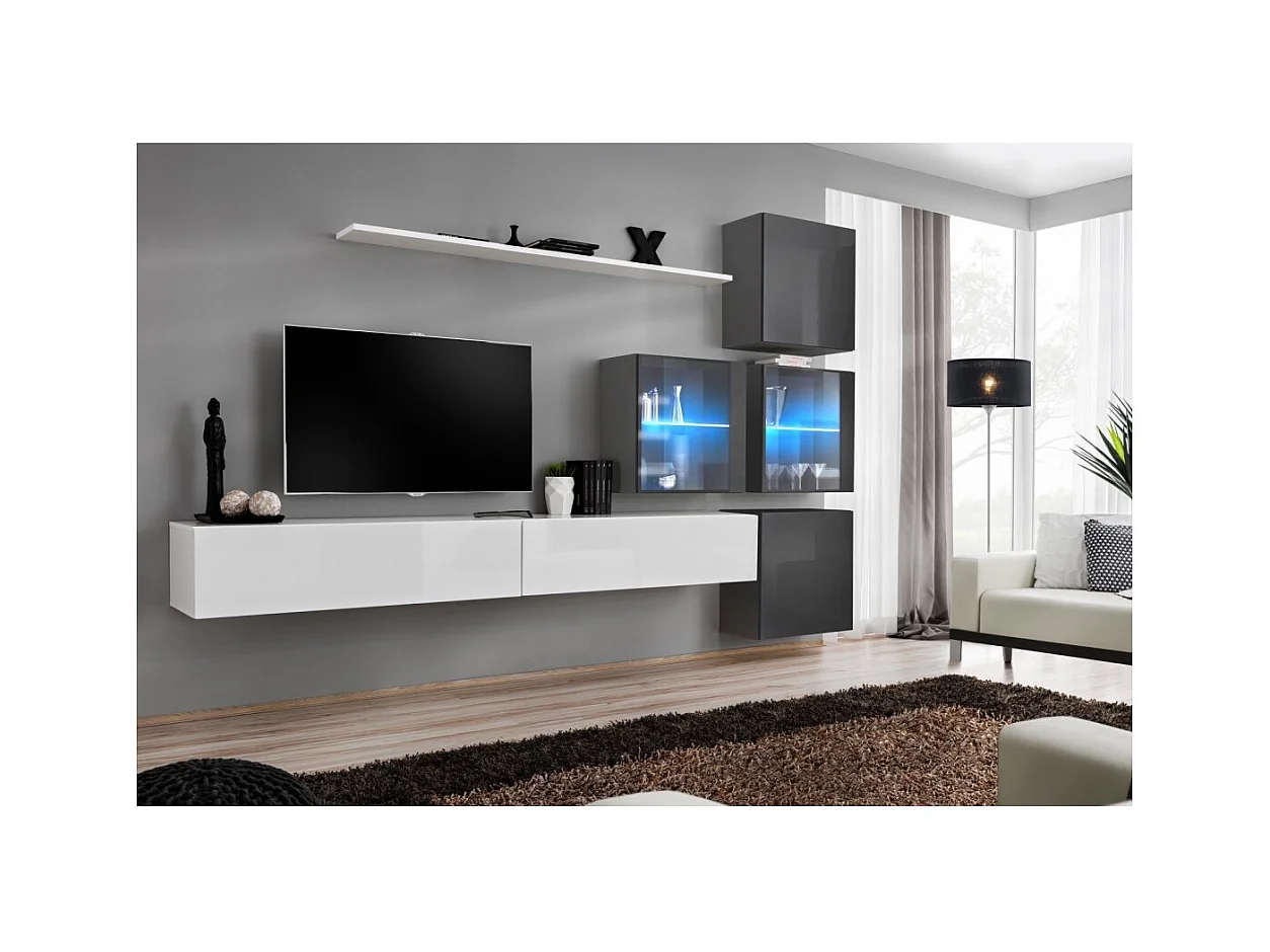 Conjunto de móveis para sala de estar SWITCH XIX design, nas cores branco e cinza brilhante.