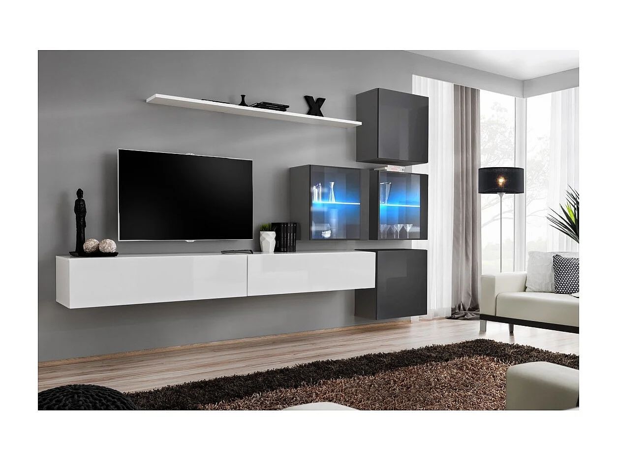 Set di mobili da soggiorno SWITCH XIX design, colori bianco e grigio lucido.