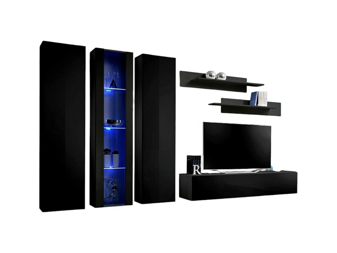 TV-Möbel FLY C4 Design, in glänzendem Schwarz. Modernes und trendiges hängendes Möbelstück für Ihr Wohnzimmer.