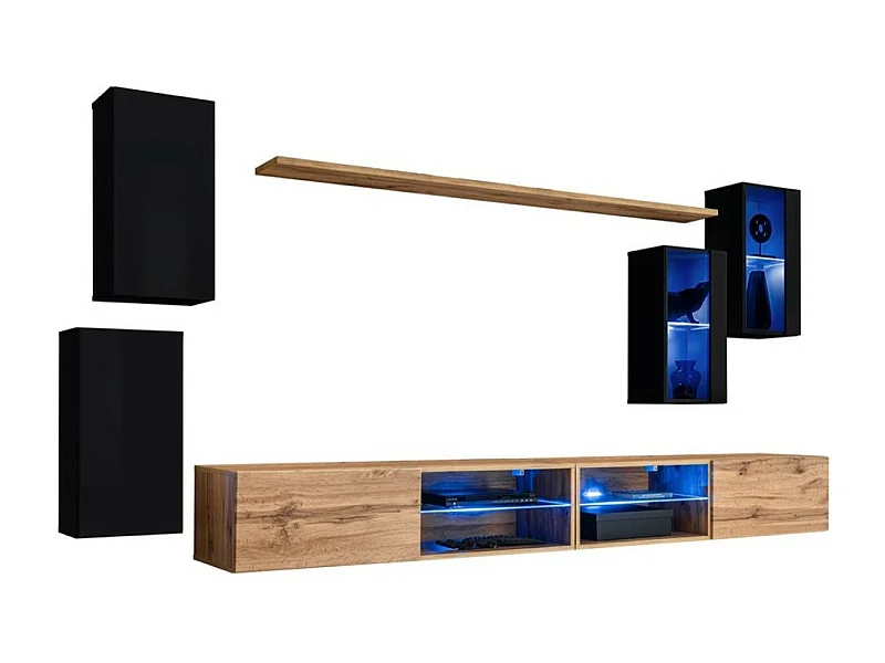 Möbelset Wohnzimmer SWITCH XXV – LED – Schwarz und Eiche – Hängendes Design