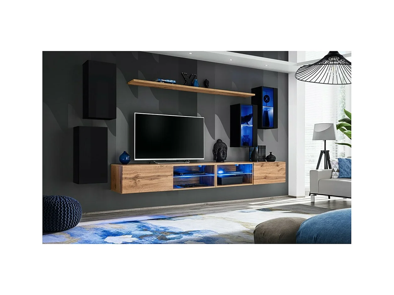 Möbelset Wohnzimmer SWITCH XXV – LED – Schwarz und Eiche – Hängendes Design