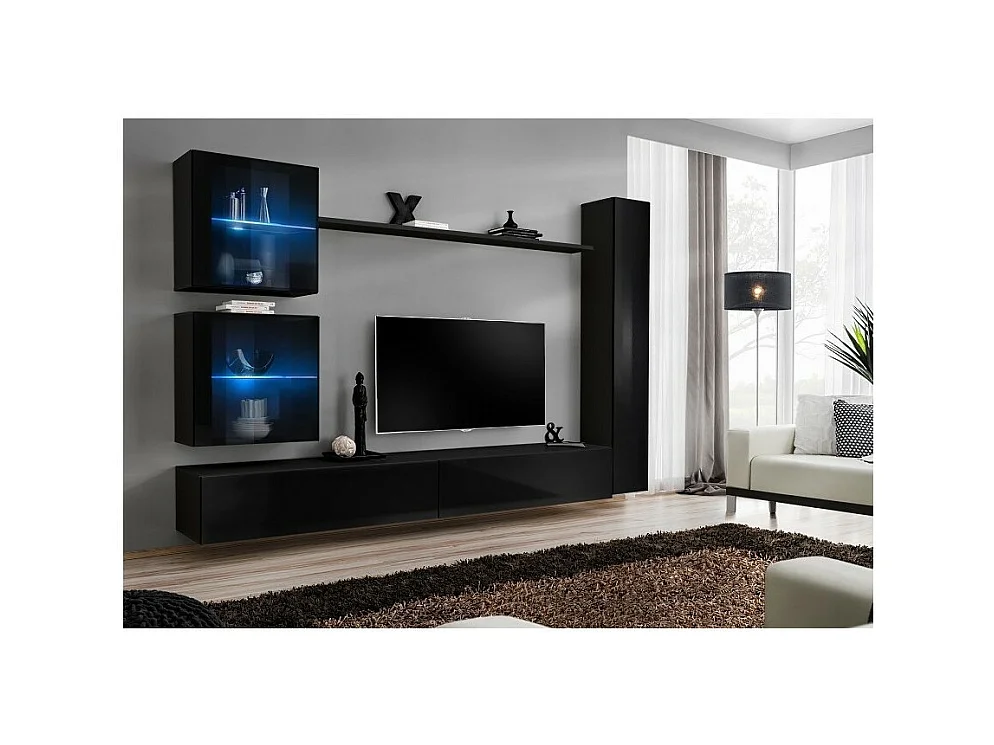 Wohnzimmerwandmöbel-Set SWITCH XVIII Design, in glänzendem Schwarz.