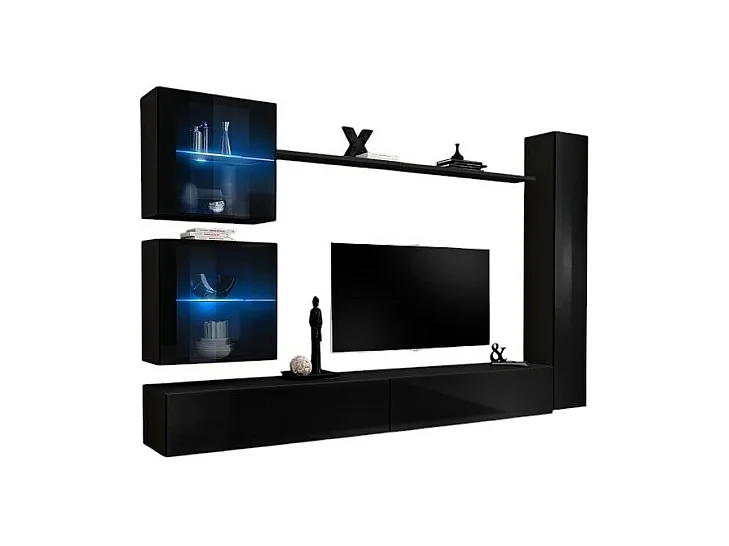 Ensemble meuble salon mural SWITCH XVIII design, coloris noir brillant.