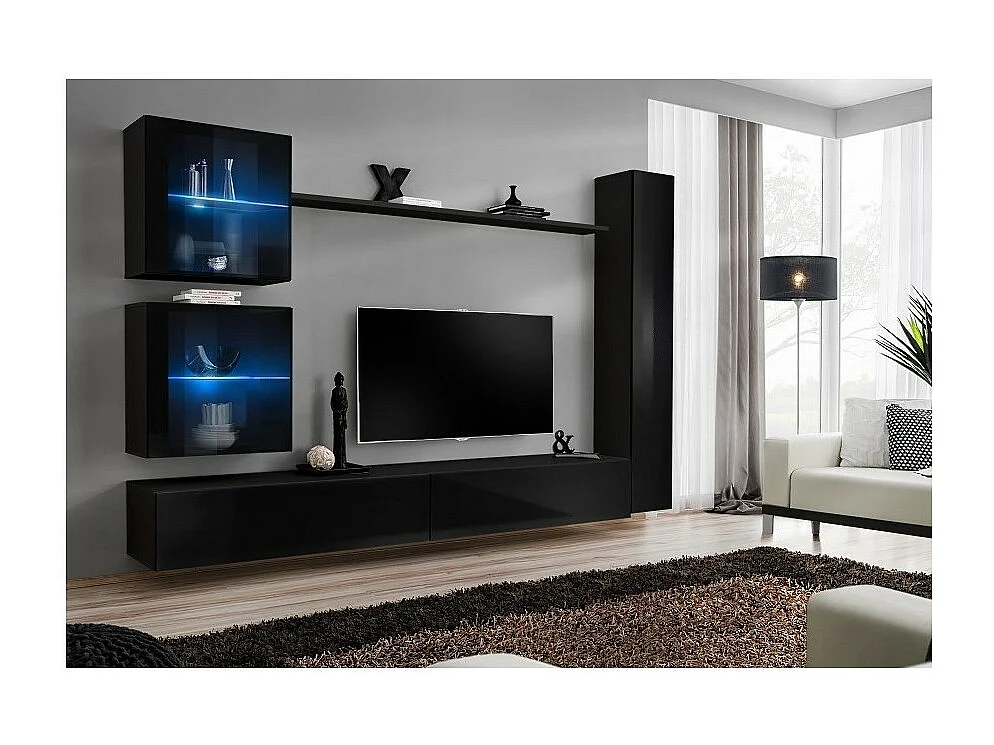 Ensemble meuble salon mural SWITCH XVIII design, coloris noir brillant.