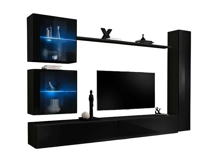 Ensemble meuble salon mural SWITCH XVIII design, coloris noir brillant.