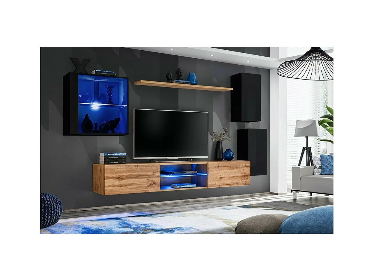 Set Wohnzimmermöbel SWITCH XXIII – LED – Schwarz und Eiche – Hängendes Design