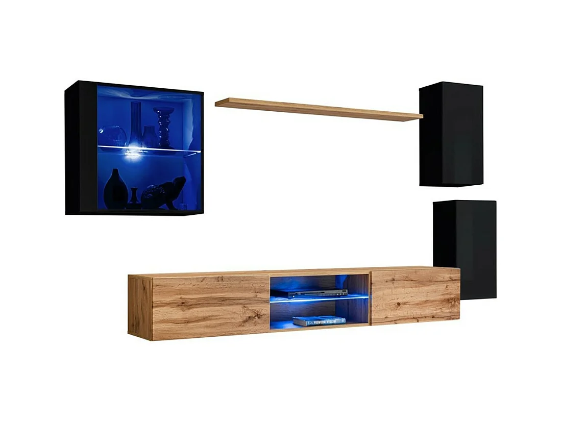 Ensemble meubles de salon SWITCH XXIII – LED – Noir et Chêne – Design suspendu