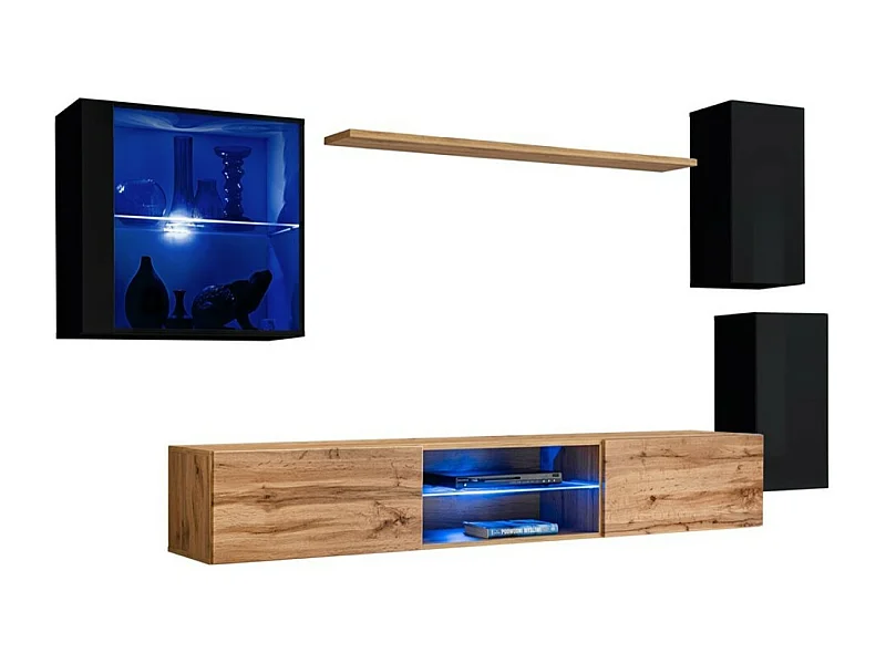 Ensemble meubles de salon SWITCH XXIII – LED – Noir et Chêne – Design suspendu