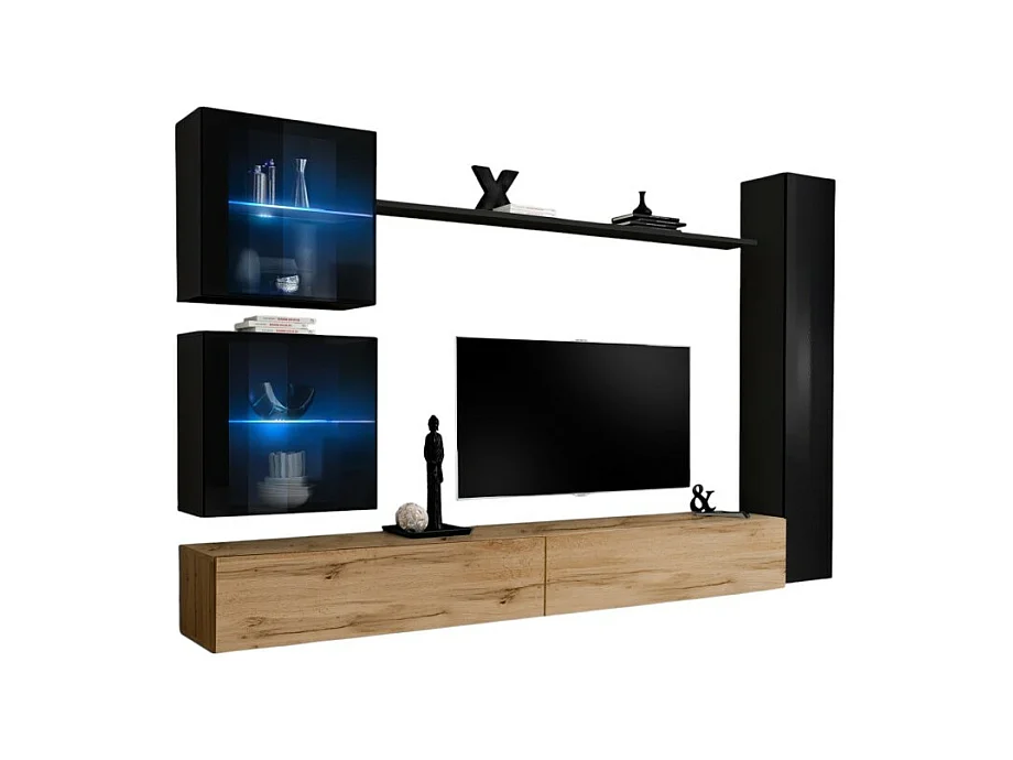 Ensemble meuble salon mural SWITCH XVIII design, coloris chêne Wotan et noir brillant.