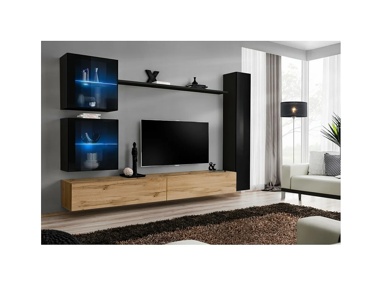 Ensemble meuble salon mural SWITCH XVIII design, coloris chêne Wotan et noir brillant.