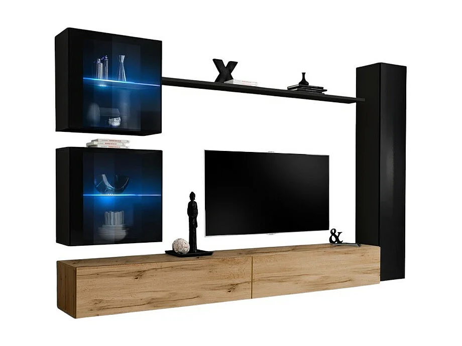 Wandmeubelset voor de woonkamer SWITCH XVIII design, in Wotan eiken en glanzend zwart.