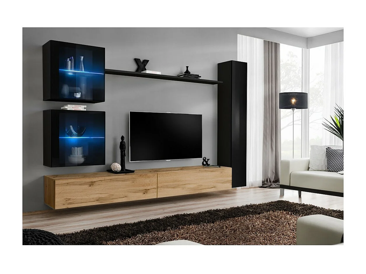 Wandmeubelset voor de woonkamer SWITCH XVIII design, in Wotan eiken en glanzend zwart.