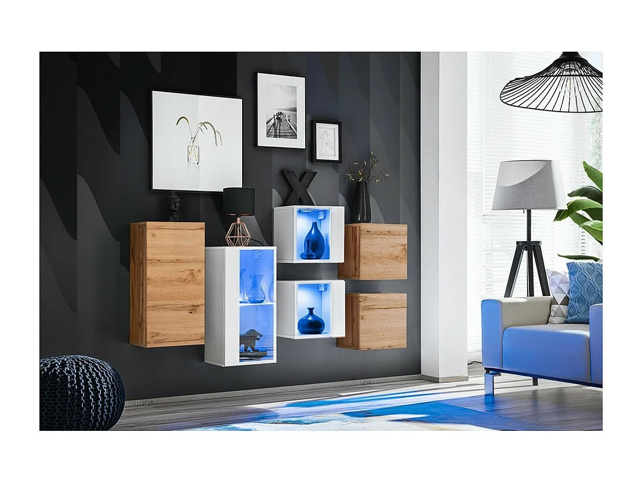 Ensemble meubles de salon SWITCH SBIV design. Coloris blanc et chêne.