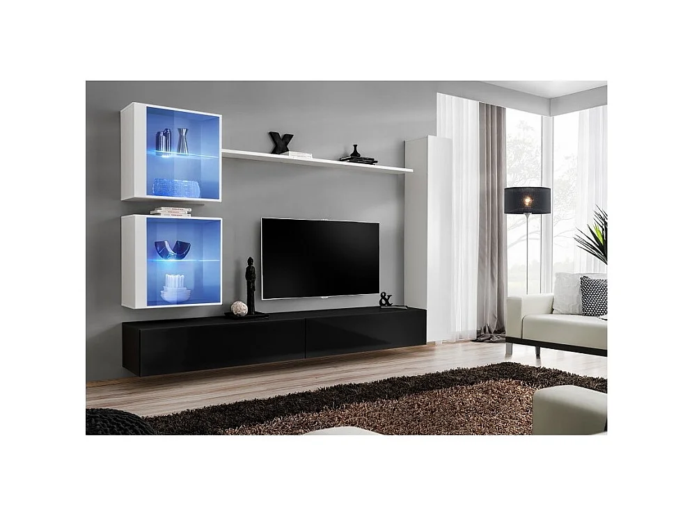 Wohnzimmer-Wandschrank-Set SWITCH XVIII Design, in glänzendem Schwarz und Weiß.