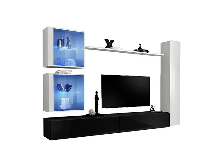Ensemble meuble salon mural SWITCH XVIII design, coloris noir et blanc brillant.