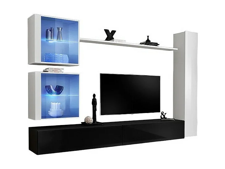 Ensemble meuble salon mural SWITCH XVIII design, coloris noir et blanc brillant.