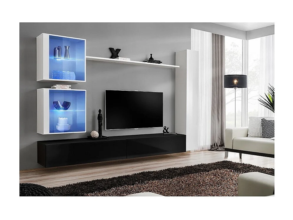 Ensemble meuble salon mural SWITCH XVIII design, coloris noir et blanc brillant.