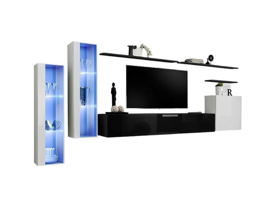 Conjunto de móveis para sala de estar SWITCH XI, design de parede, cores branco e preto brilhante.