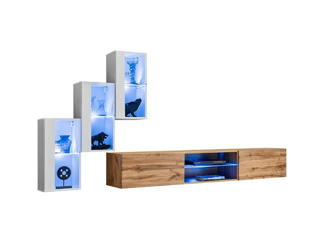 Conjunto de móveis para sala de estar SWITCH XXII, design, nas cores branco e carvalho.