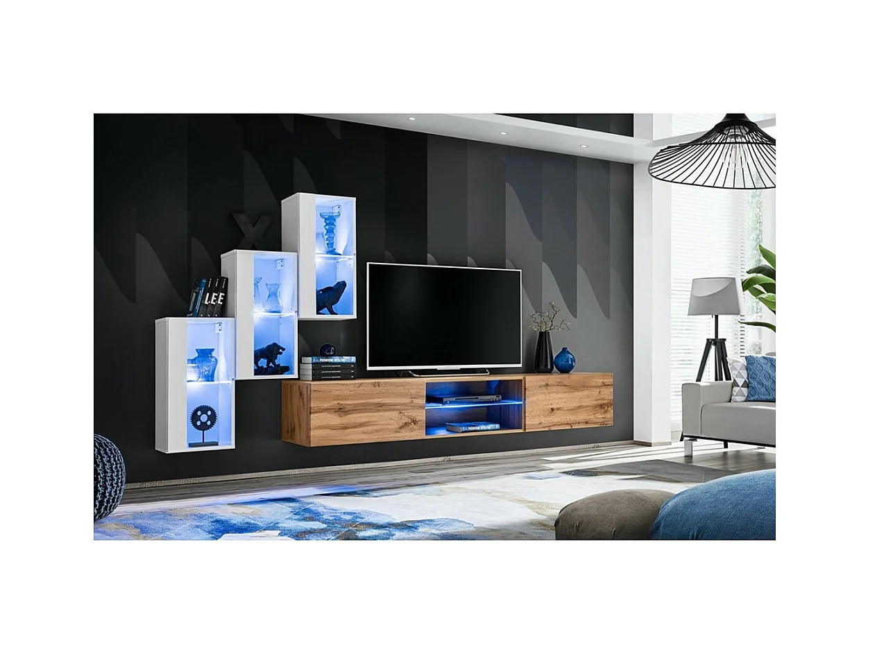 Conjunto de móveis para sala de estar SWITCH XXII, design, nas cores branco e carvalho.