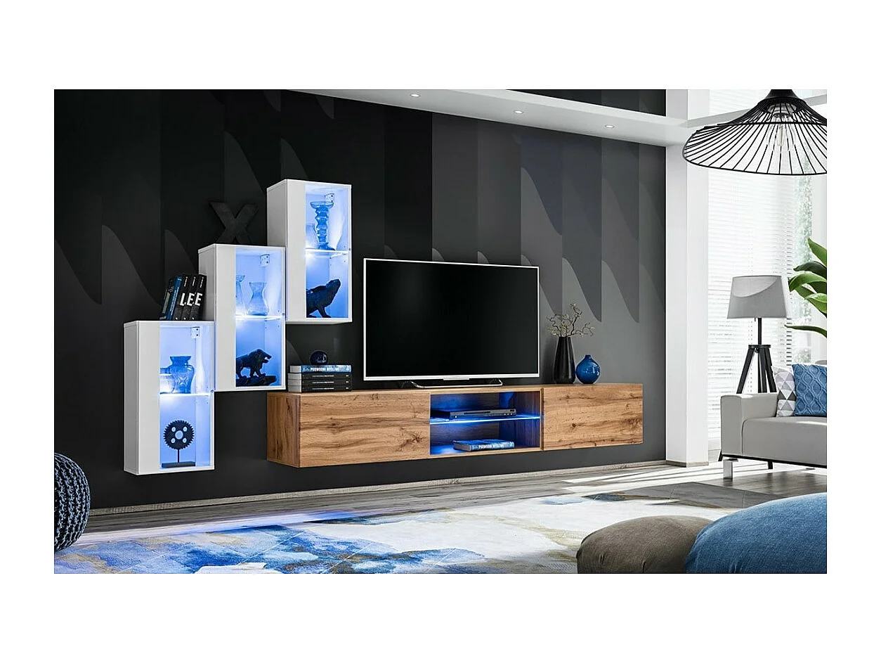 Ensemble meubles de salon SWITCH XXII – LED – Blanc et Chêne – Design suspendu