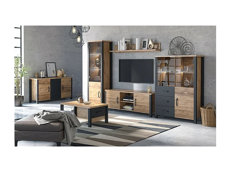 Set van 6 woonkamermeubels DARWIN - Spar en zwart