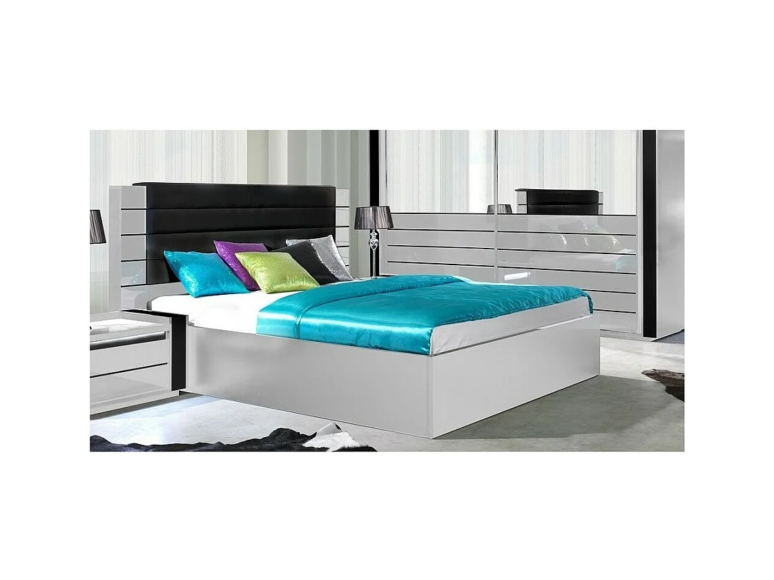 Cama de adulto design LINA branca e preta brilhante + cabeceira em couro sintético