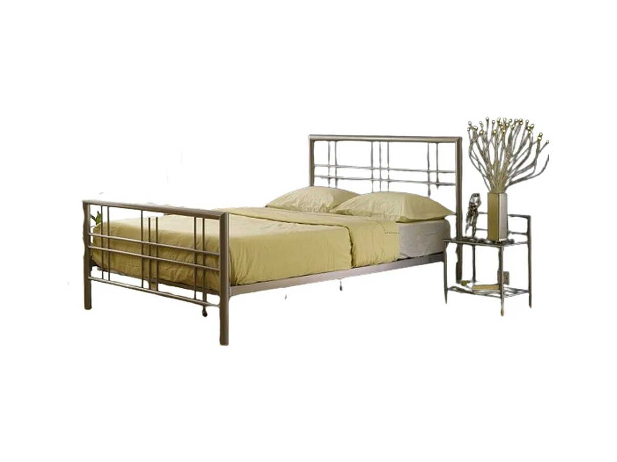 Lit double 140x200 cm – Métal gris argenté – Sommier inclus – Design moderne et robuste