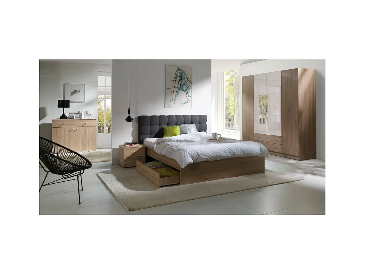 Bed 160x200 MAXIM met lade en lattenbodem in lichte eikenkleur en grijs hoofdeinde