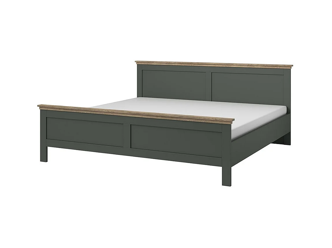Lit adulte 160x200 collection ASSIA. Coloris vert kaki et  finitions aspect chêne.
