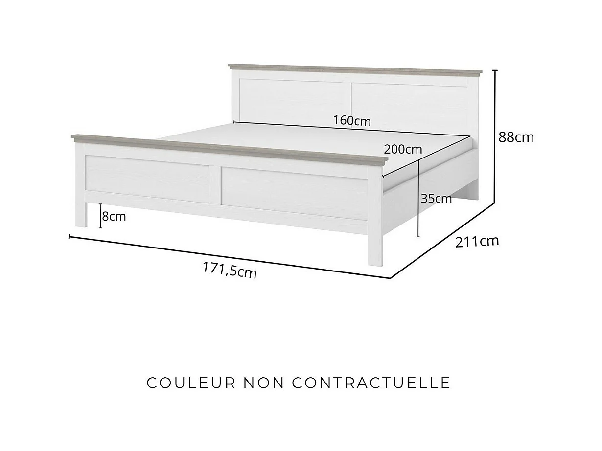 Lit adulte 160x200 collection ASSIA. Coloris vert kaki et  finitions aspect chêne.