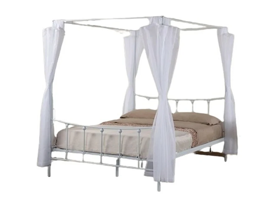 Hemelbed AMORE - 140x200 cm - Wit metaal met inbegrepen gordijnen - Elegantie en romantiek