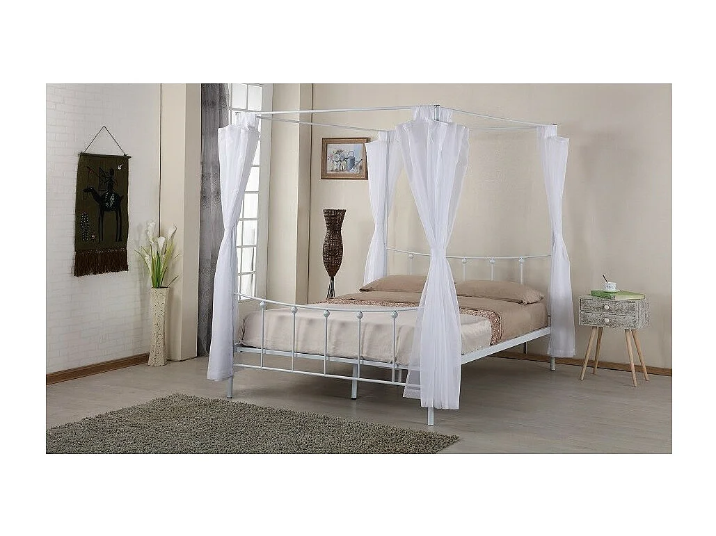 Hemelbed AMORE - 140x200 cm - Wit metaal met inbegrepen gordijnen - Elegantie en romantiek