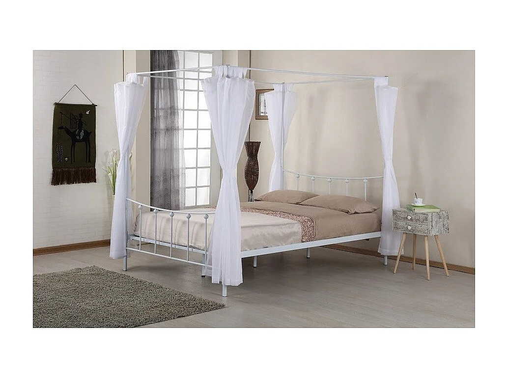 Hemelbed AMORE - 140x200 cm - Wit metaal met inbegrepen gordijnen - Elegantie en romantiek