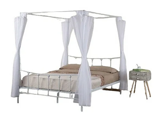 Hemelbed AMORE - 140x200 cm - Wit metaal met inbegrepen gordijnen - Elegantie en romantiek