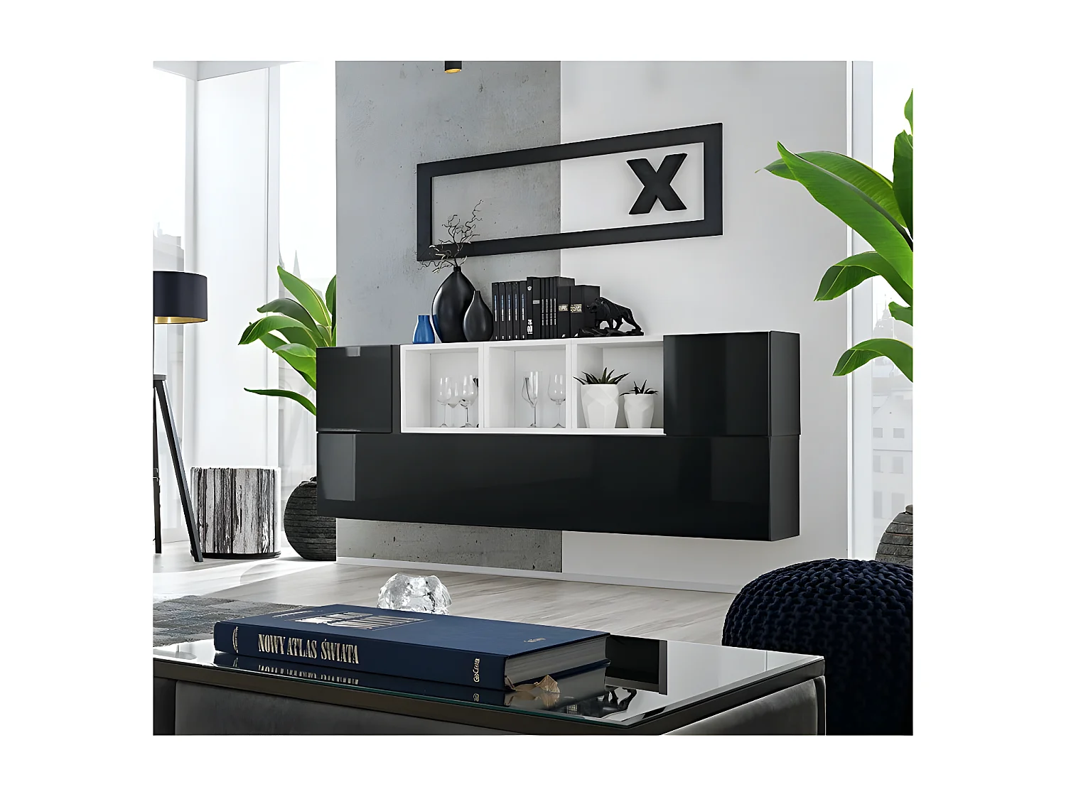 Composition de meubles murales CUBES 5 design coloris noir et blanc. Meuble de salon suspendu