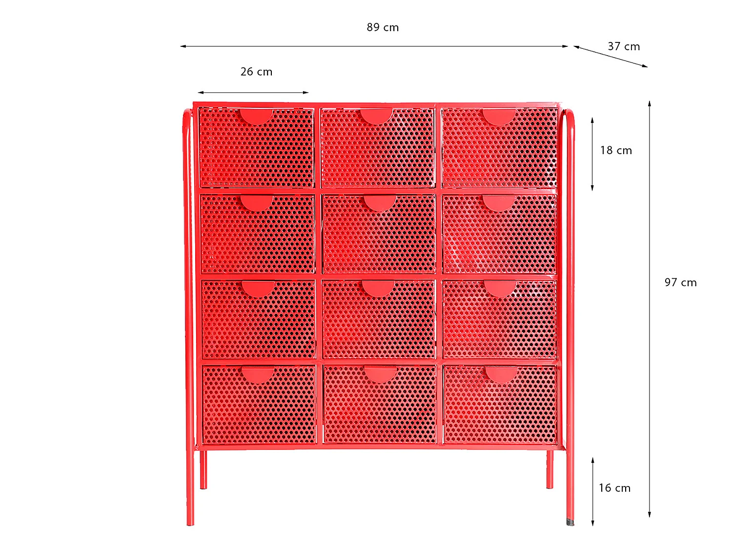 Cómoda de hierro en color rojo de 89x37x97cm
