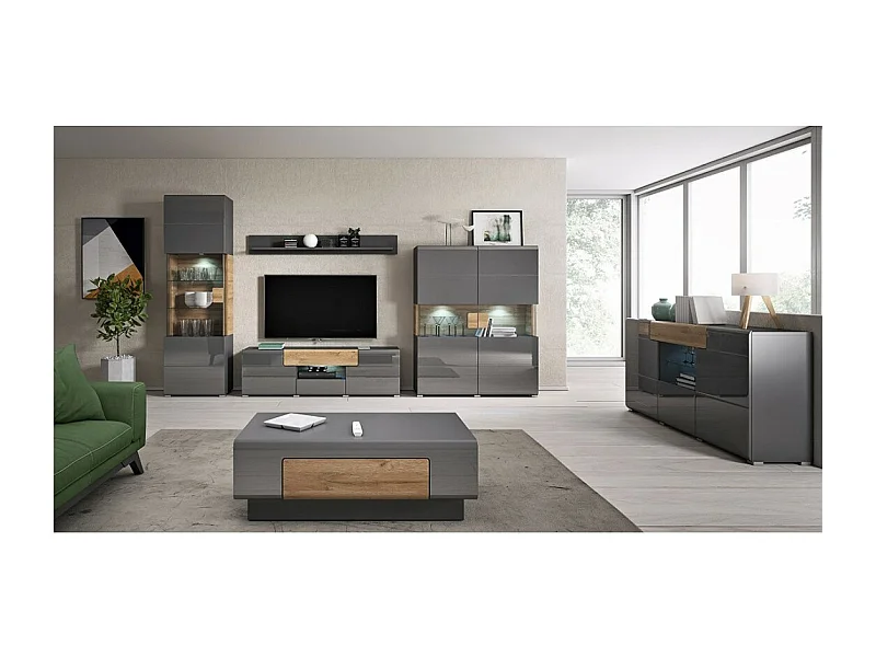 Ensemble complet de 6 meubles de salon collection OHIO. Coloris gris et effet chêne.