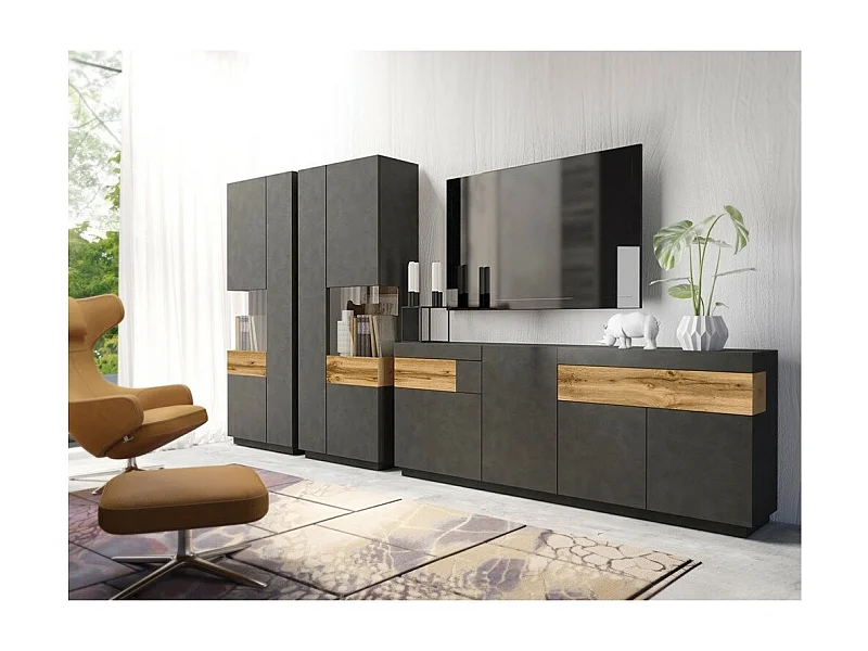 Ensemble de salon vitrine et buffet collection KILES. Coloris gris anthracite et chêne.