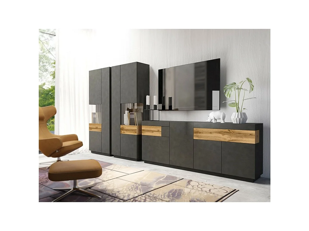 Ensemble de salon vitrine et buffet collection KILES. Coloris gris anthracite et chêne.