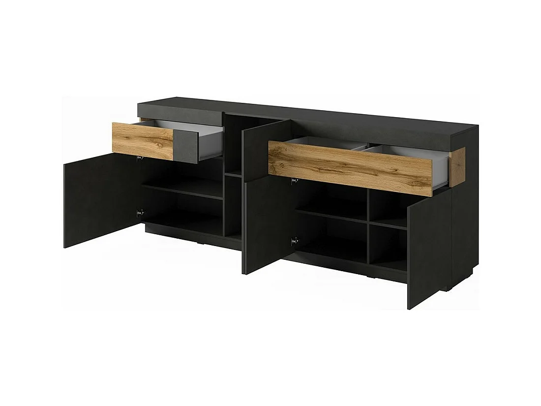 Ensemble de salon vitrine et buffet collection KILES. Coloris gris anthracite et chêne.